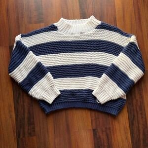 Blue White Preppy Knit Stripped Crop Sweater Medium